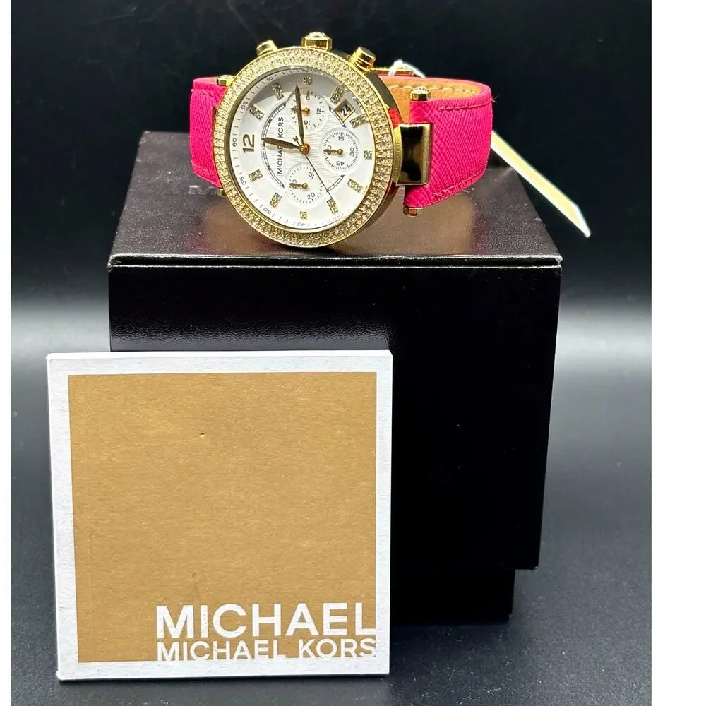 Michael Kors Parker MK2297 Crystal Chronograph Pink Leather Watch NWT